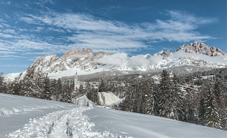 Image of the snow-capped Dolomites from the Cortina wood